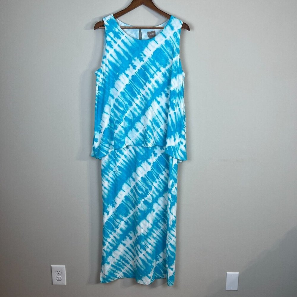 Chicos 2 Dress Large Blue Tie Dye Maxi Overlay Layered Flyaway Sleeveless Summer